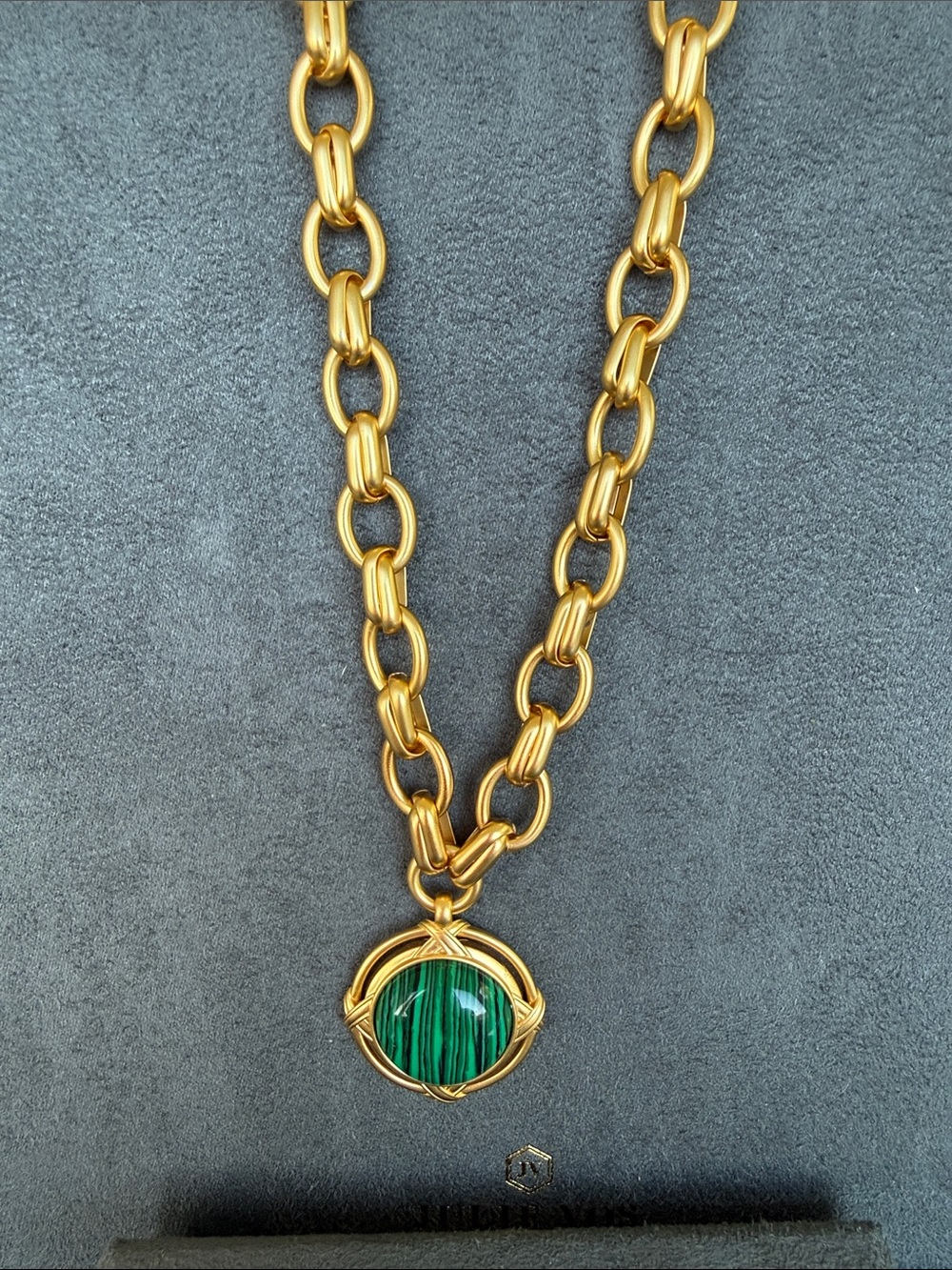 Gold-Tone Chain Necklace with Green Malachite-Style Pendant - Picture 1 of 3